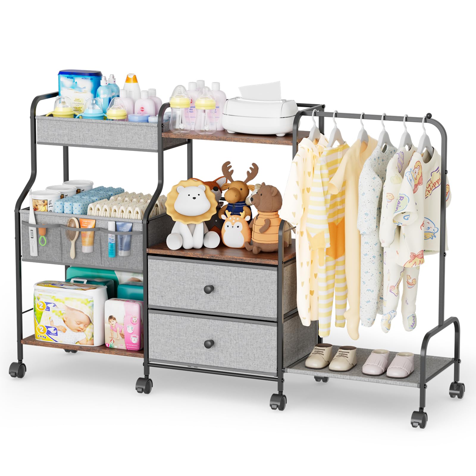 BBLIKE diaper caddy rolling cart front view with organized nursery storage.