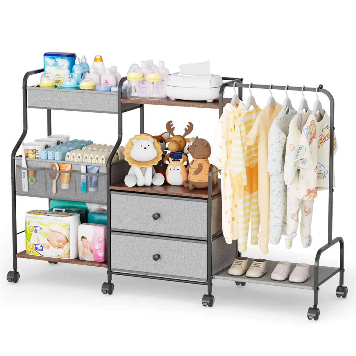 BBLIKE diaper caddy rolling cart front view with organized nursery storage.