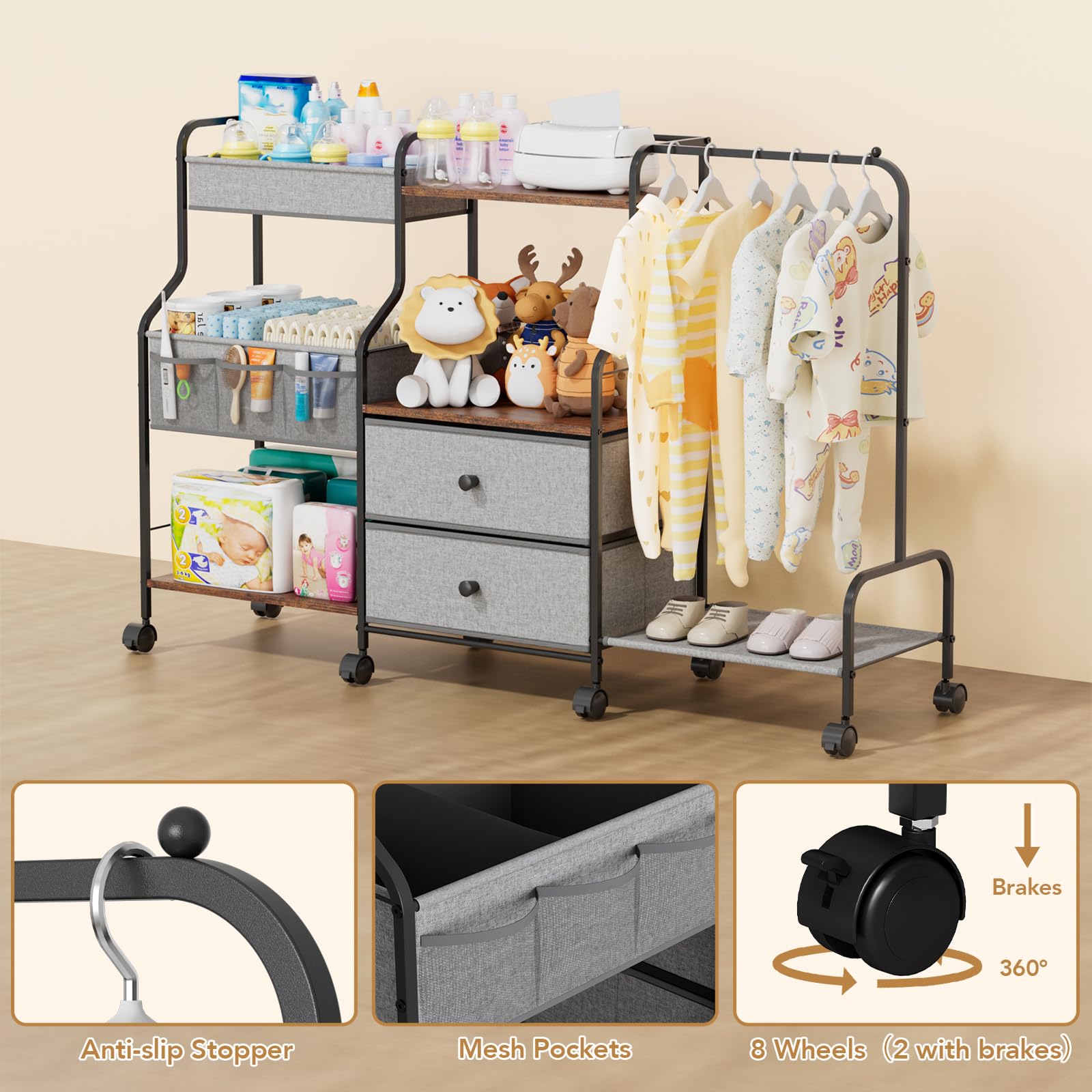 BBLIKE diaper caddy rolling cart hanging rack holds outfits and bibs.