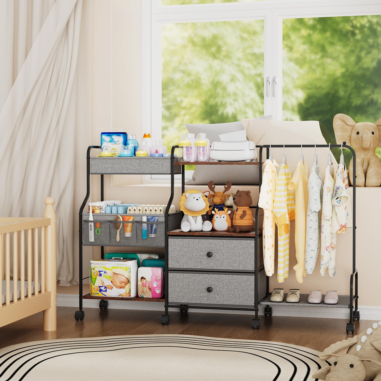 BBLIKE diaper caddy rolling cart side view shows hanging rack for outfits.