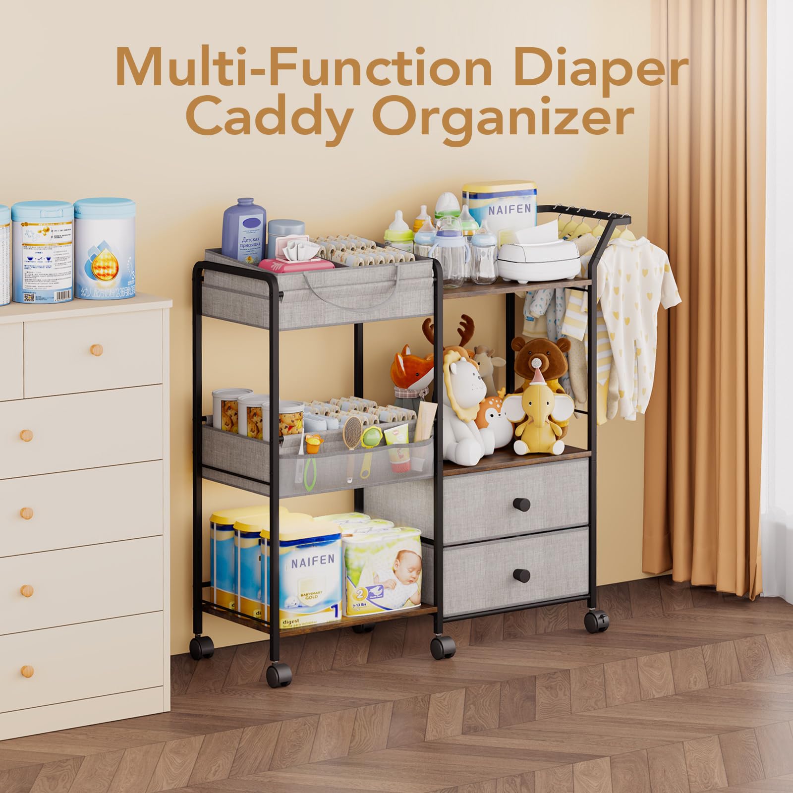 BBLIKE diaper caddy side pockets help organize bibs and small outfits.