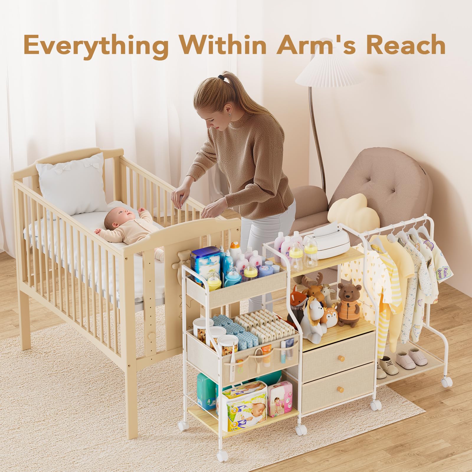 BBLIKE Diaper Caddy space-saving-profile fits in tight corners for small-space nurseries.