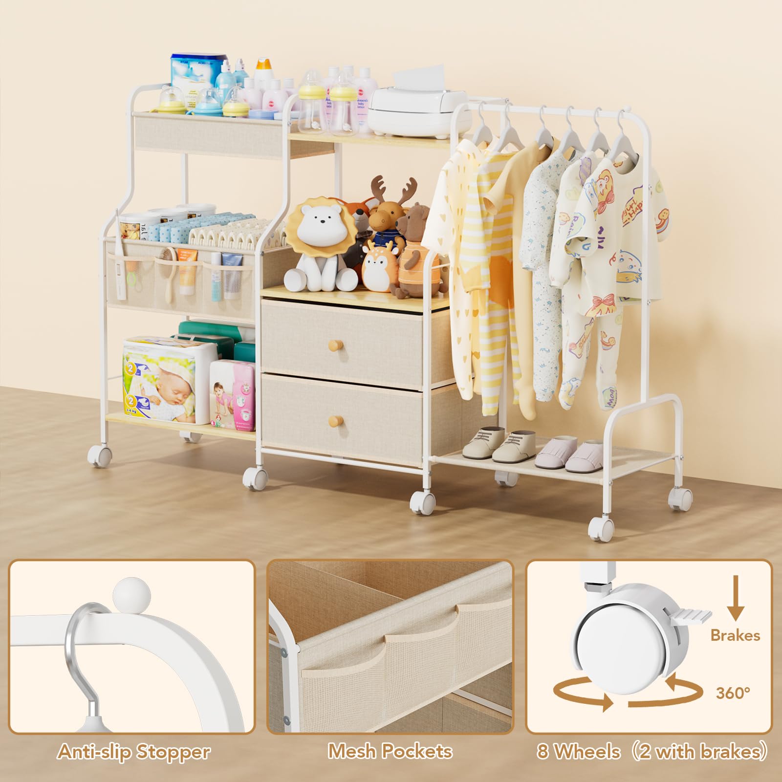 BBLIKE Diaper Caddy wheels-and-feet demonstrates versatile mobility with stable positioning.