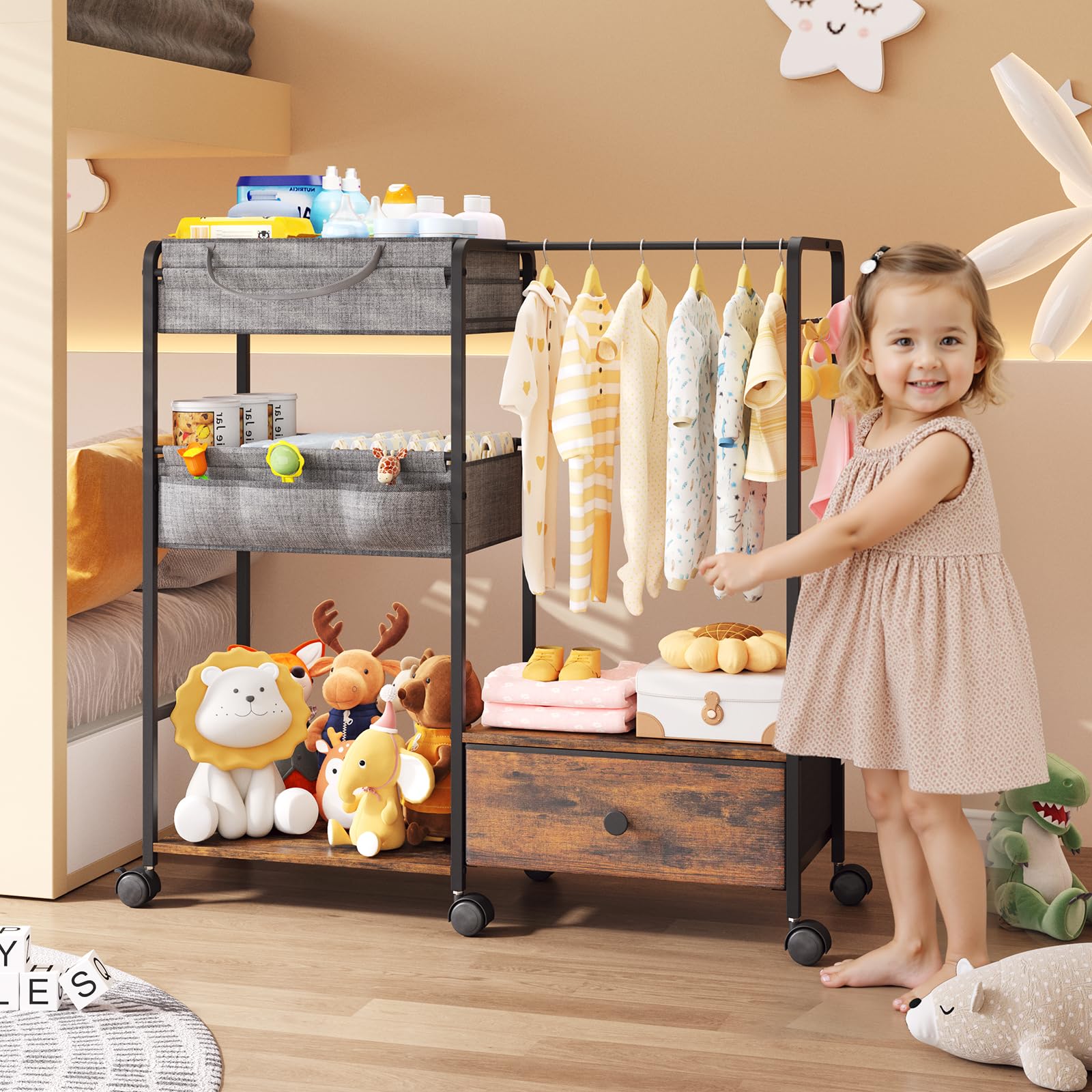 BBLIKE fabric drawers and storage compartments organized for baby items.