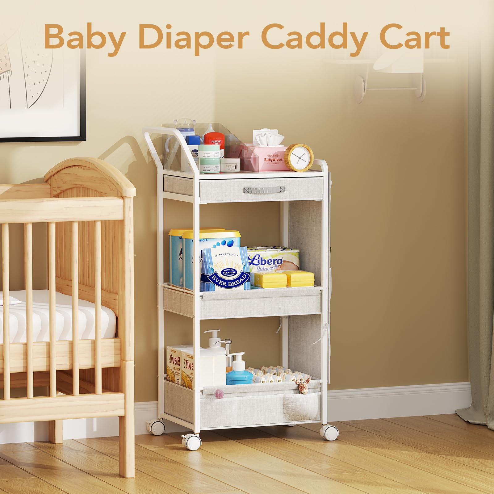 BBLIKE versatile diaper caddy doubles as kitchen cart or craft cart when needed.