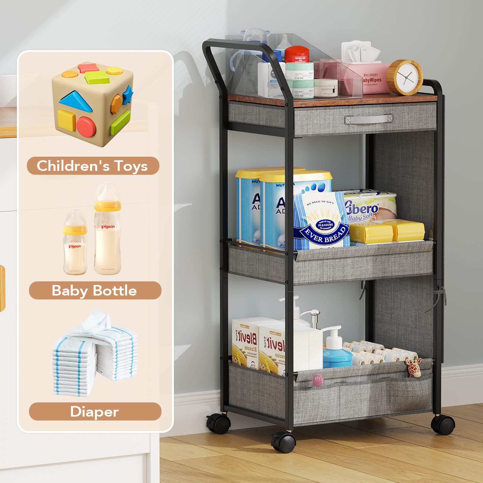 BBLIKE nursery cart gray finish blends with decor while providing sturdy storage