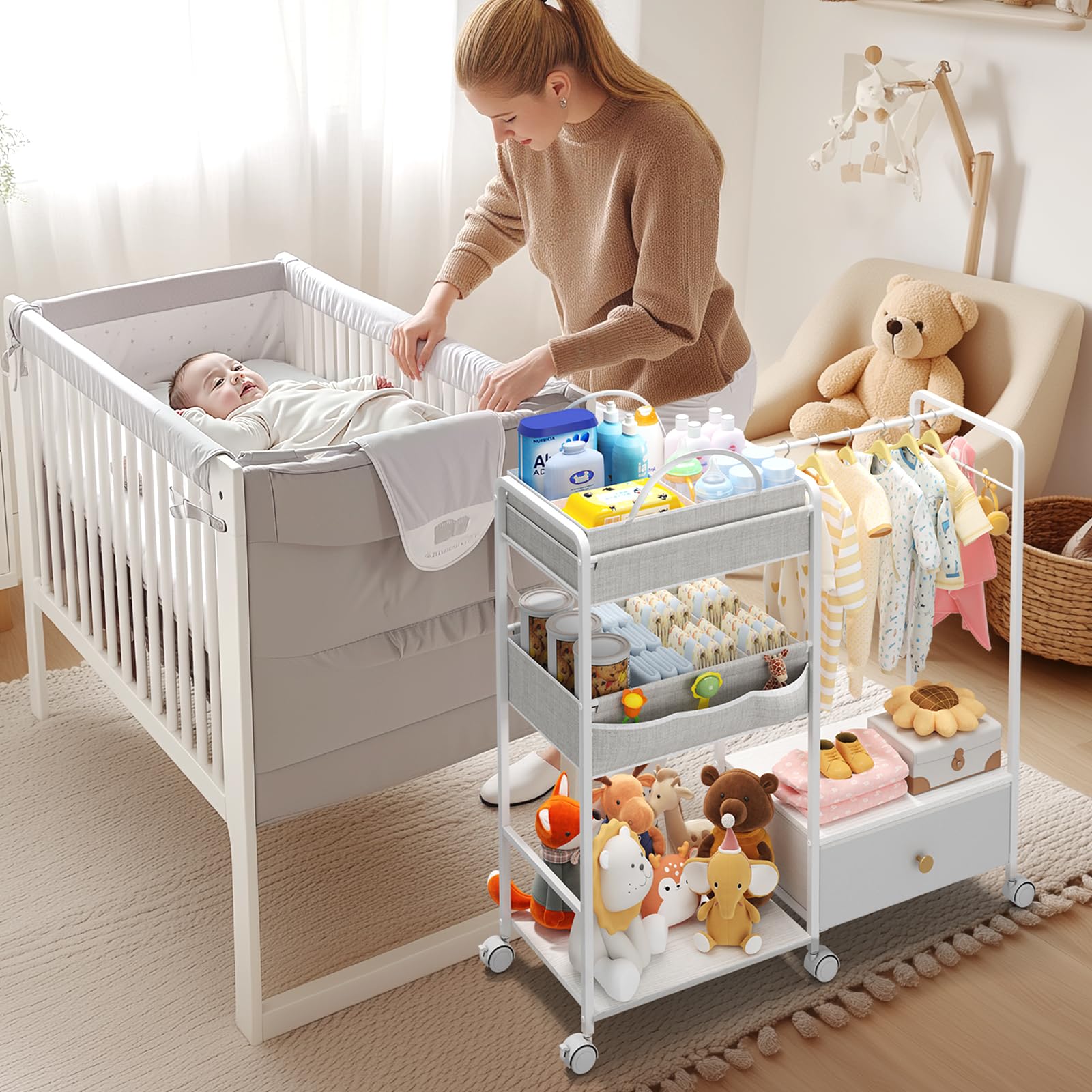 BBLIKE rolling diaper cart with wheels for room-to-room transport