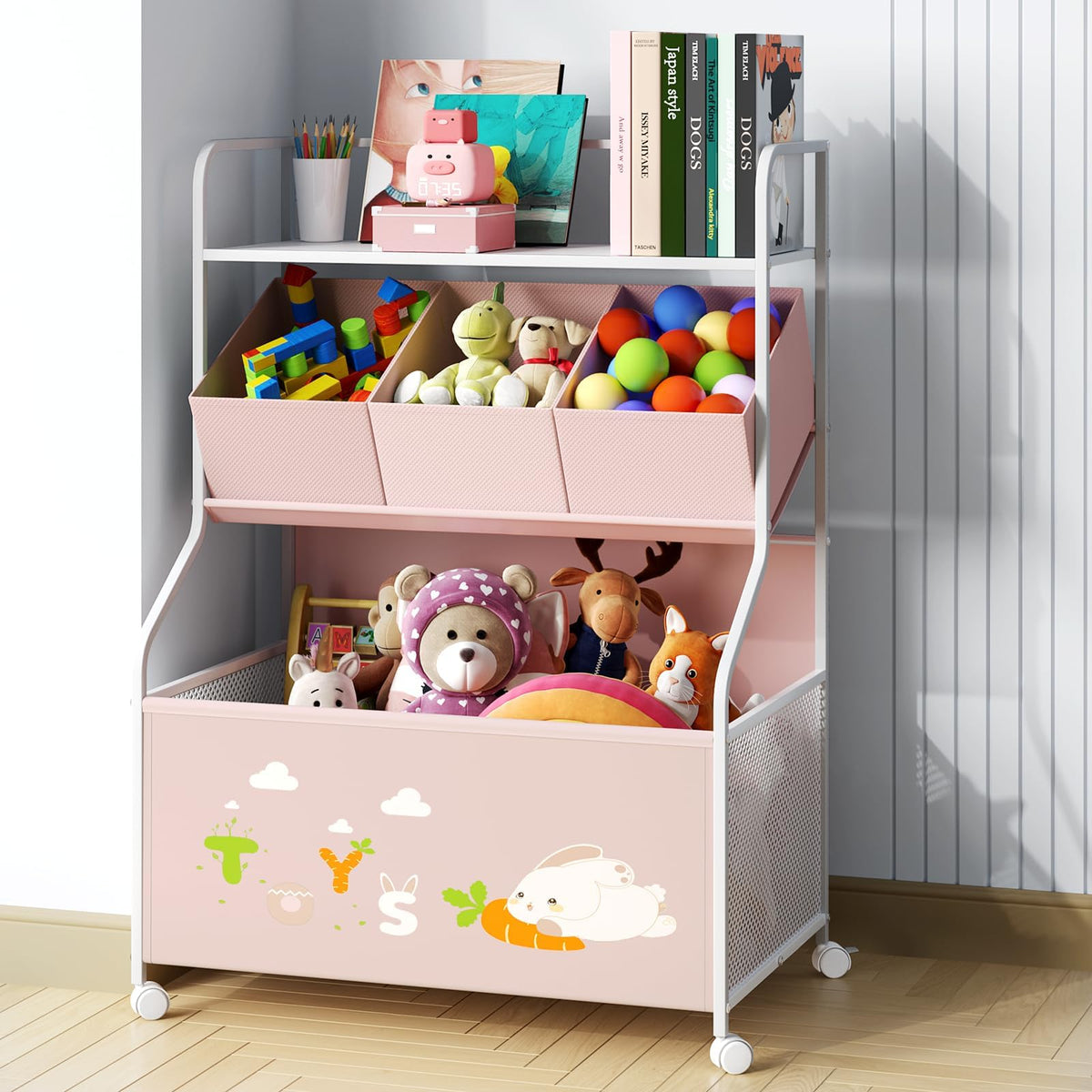 BBLIKE toy storage organizer with wheels in pink moves easily for cleanup or play.