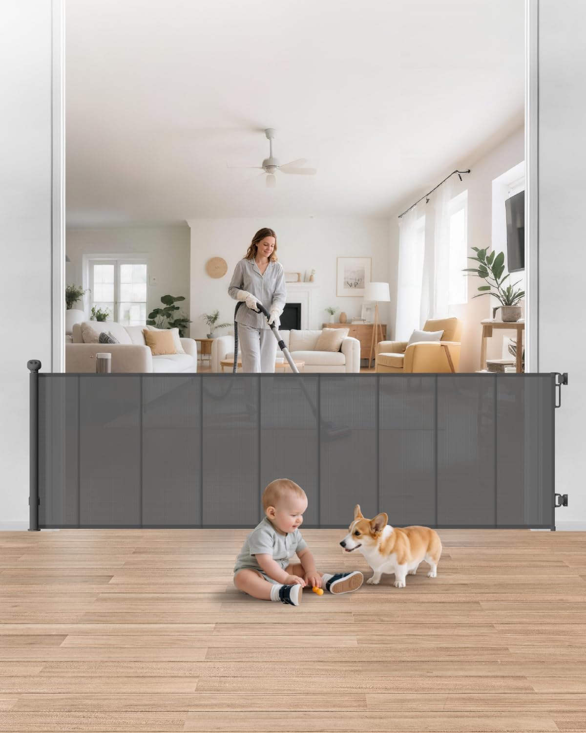 BBsecure 100-inch retractable gate on stairs shows sturdy mesh for safety