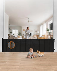 BBsecure 120-wide retractable gate extended for wide living spaces, offering wide coverage and safety.