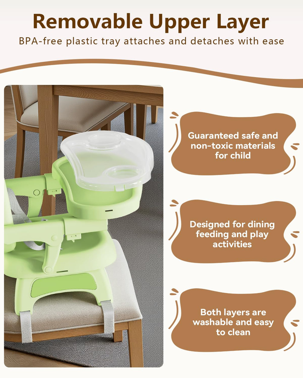 BBsecure 3-point-harness helps keep children safely seated during meals.