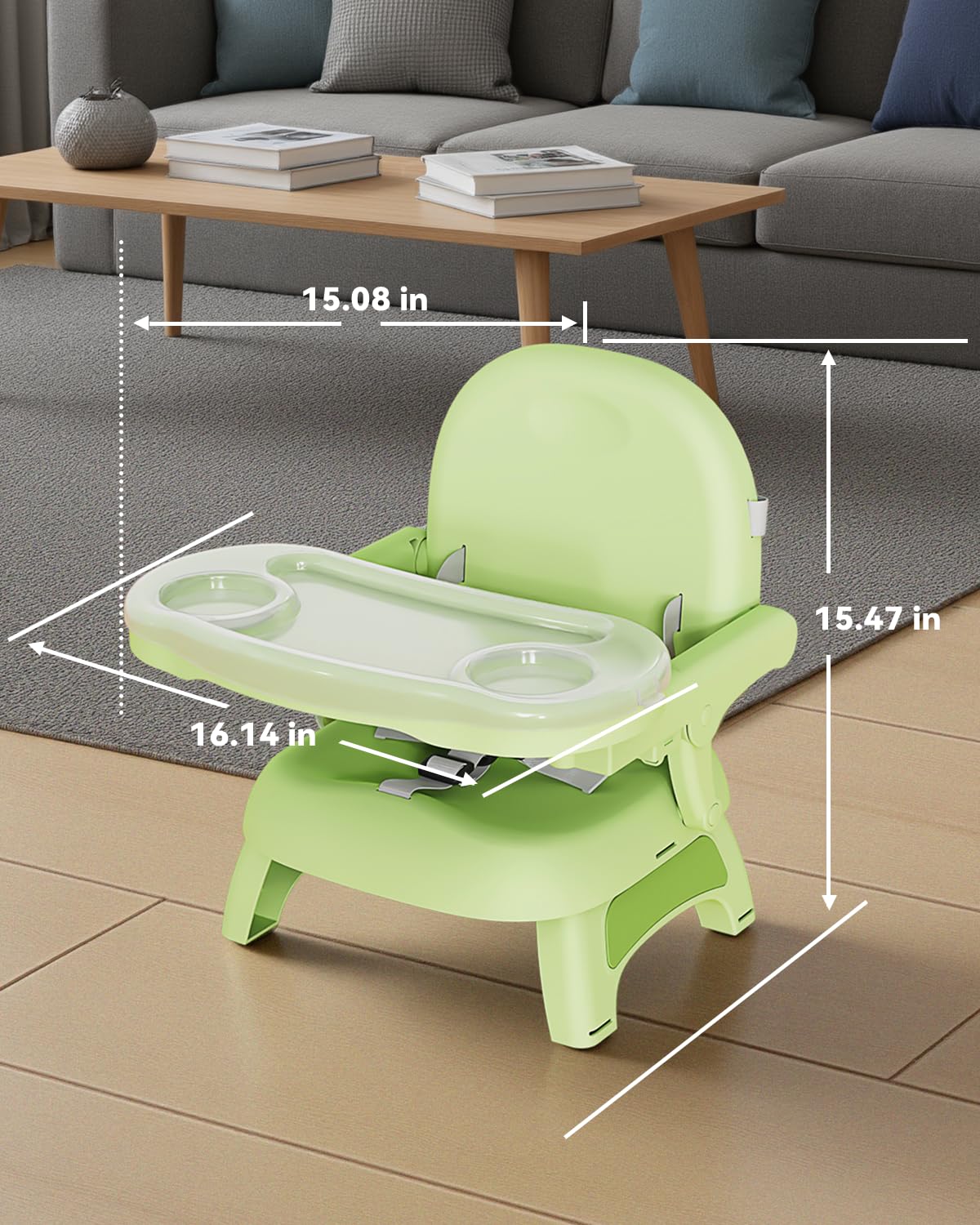 BBsecure green booster seat adds a vibrant color to mealtime setup.