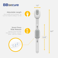 BBsecure adjustable length cabinet lock extended to fit tall or irregular gaps.
