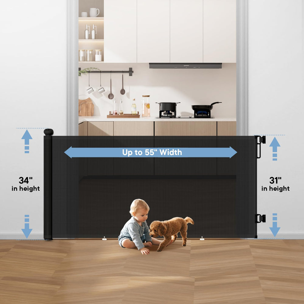 BBsecure indoor-outdoor-use gate shown in various spaces including kitchen and patio