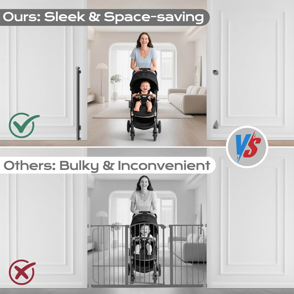 BBsecure gate shown in kitchen or hallway demonstrates multi-area safety for kids and pets.