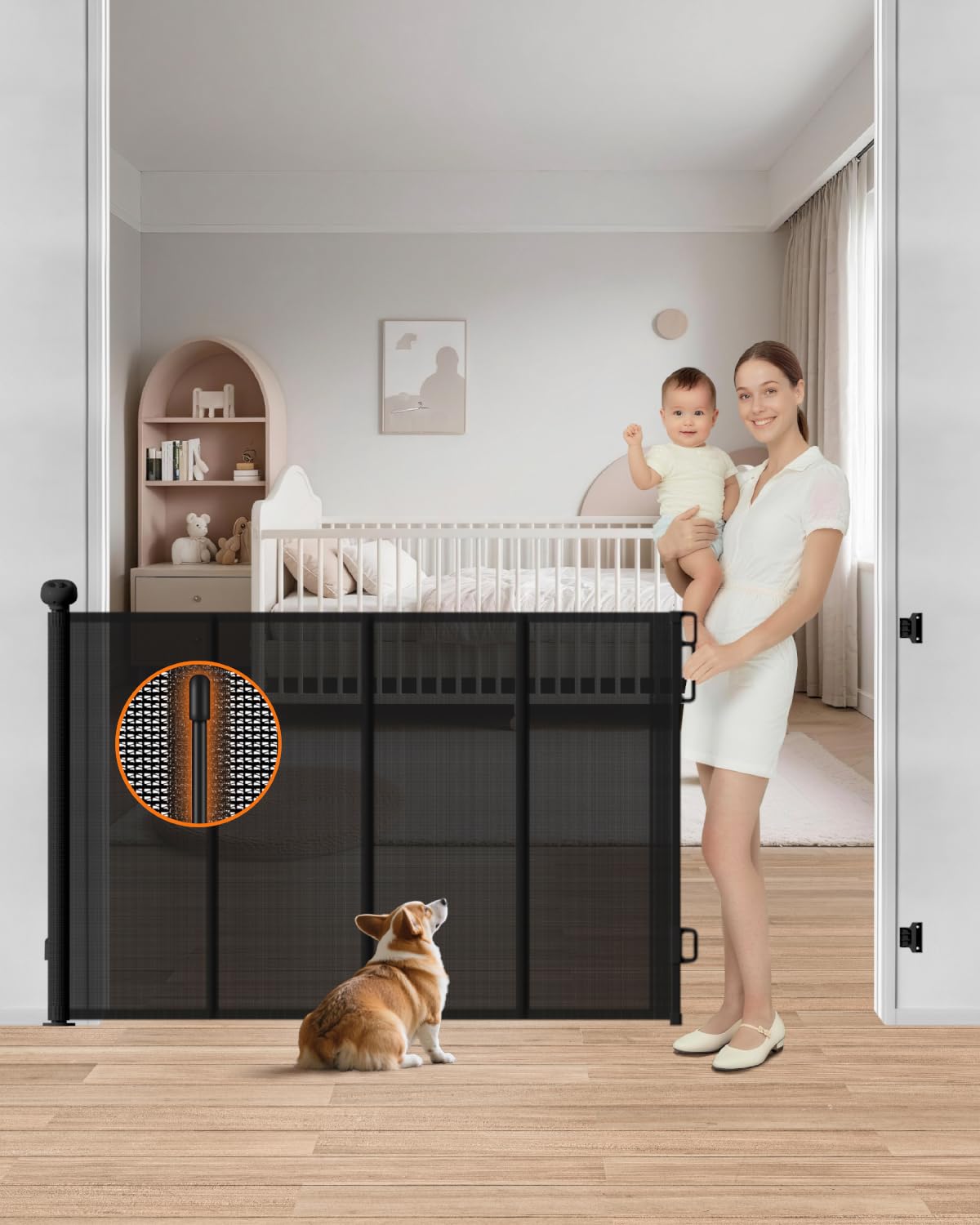 BBsecure retractable gate shows 55 wide mesh extended for sturdy boundary between rooms.