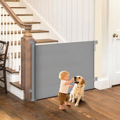 BBsecure retractable gate shows 55-inch width for wide doorway safety.
