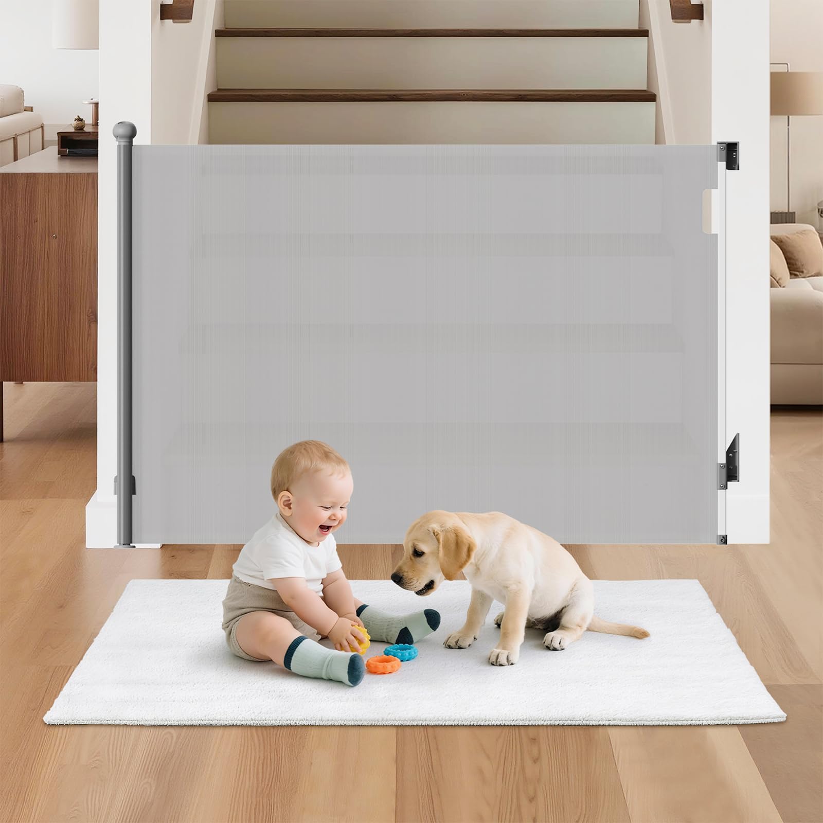 BBsecure retractable baby gate on stairs shows 55-inch width for versatile room separation.