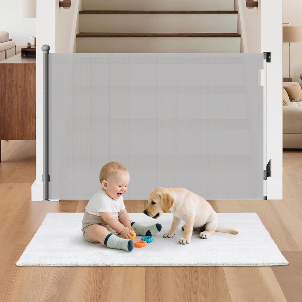 BBsecure retractable baby gate on stairs shows 55-inch width for versatile room separation.