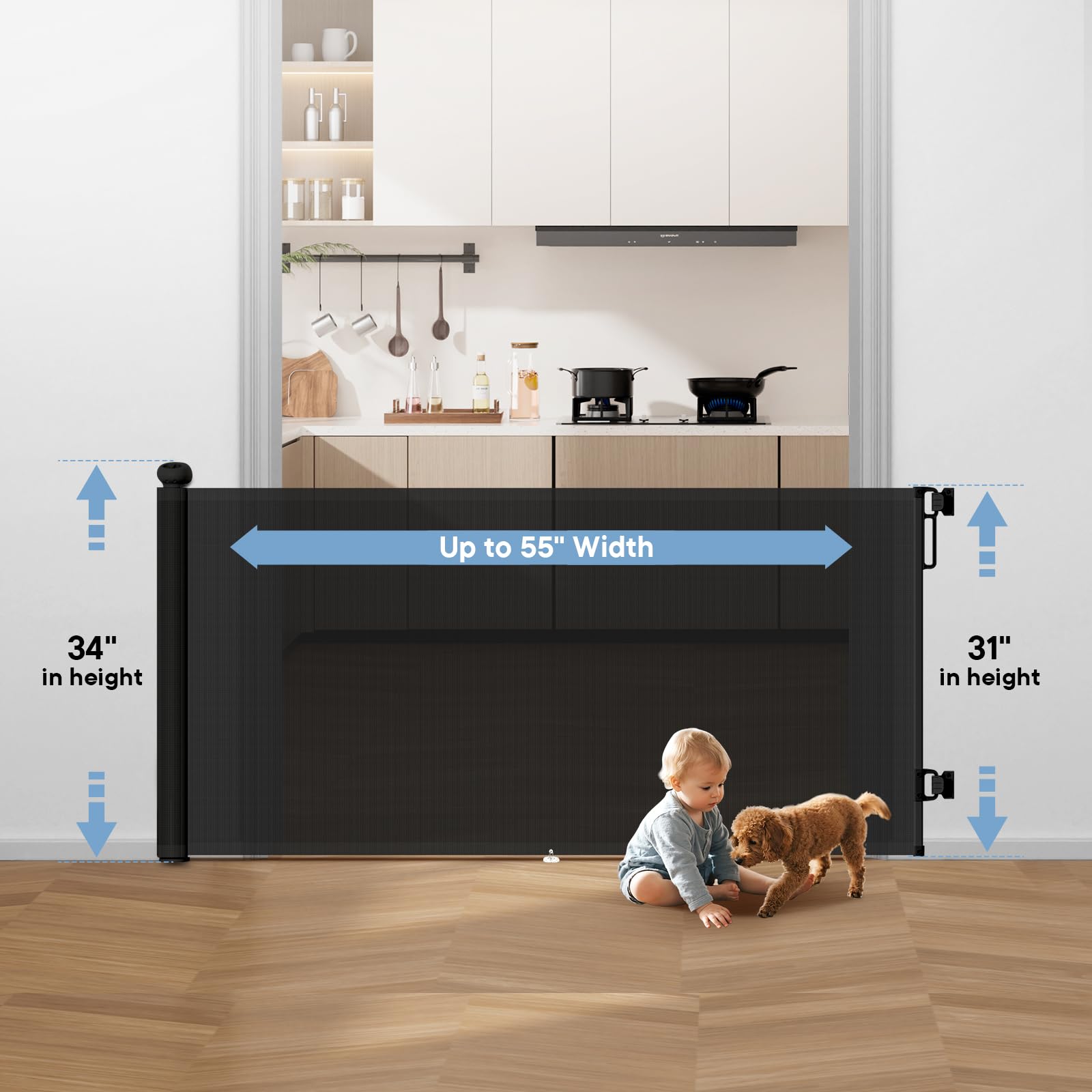 BBsecure retractable gate with anti-crawling hook bottom helps prevent under-gap crawling by active pets.