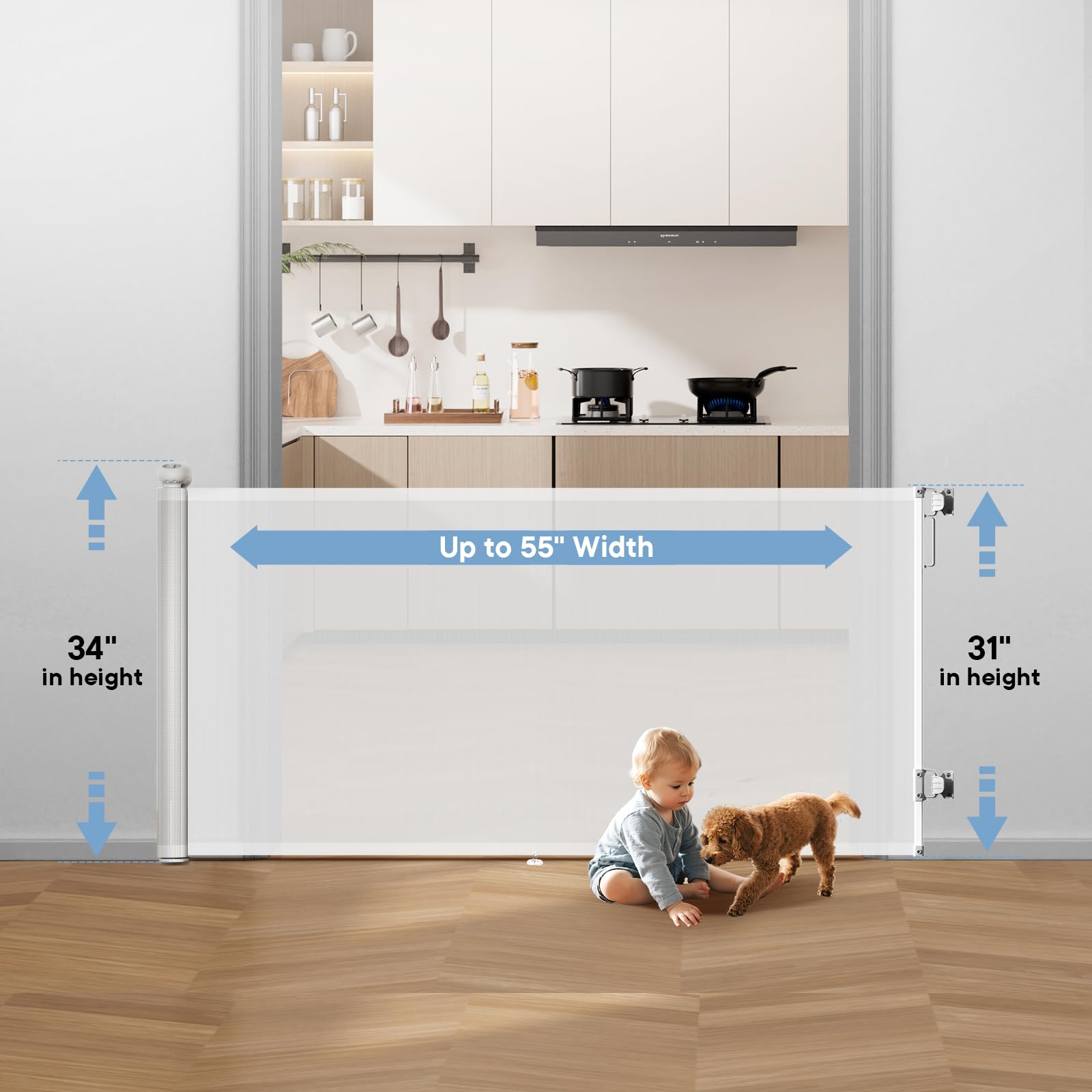 BBsecure retractable gate with anti-crawling hook secures bottom edge