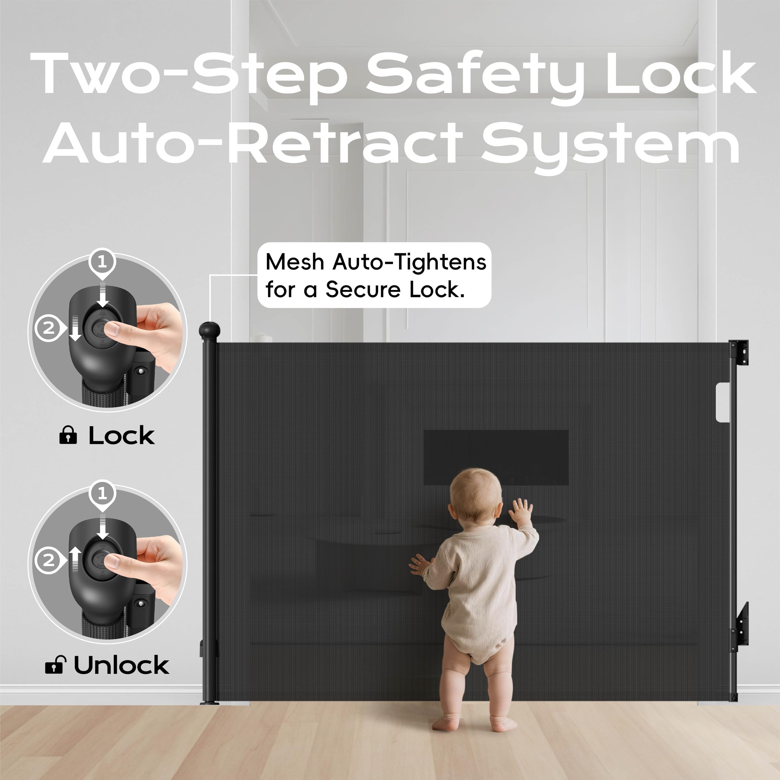 BBsecure retractable baby gate taut-mesh closeup highlights stable barrier