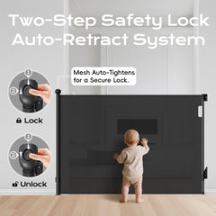 BBsecure retractable baby gate taut-mesh closeup highlights stable barrier