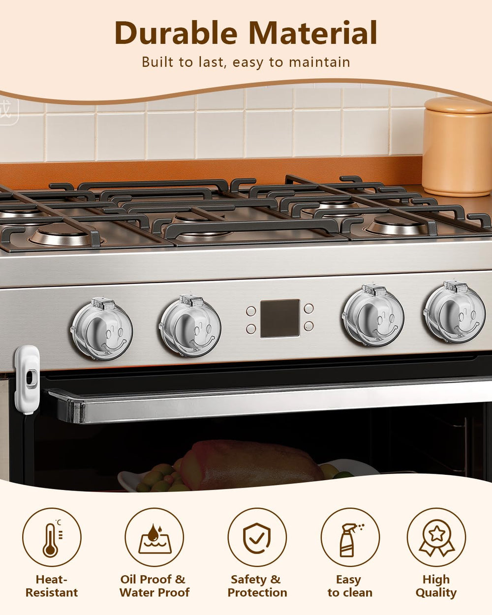 BBsecure heat-resistant plastic guards knobs against grease and spills for easy cleaning.