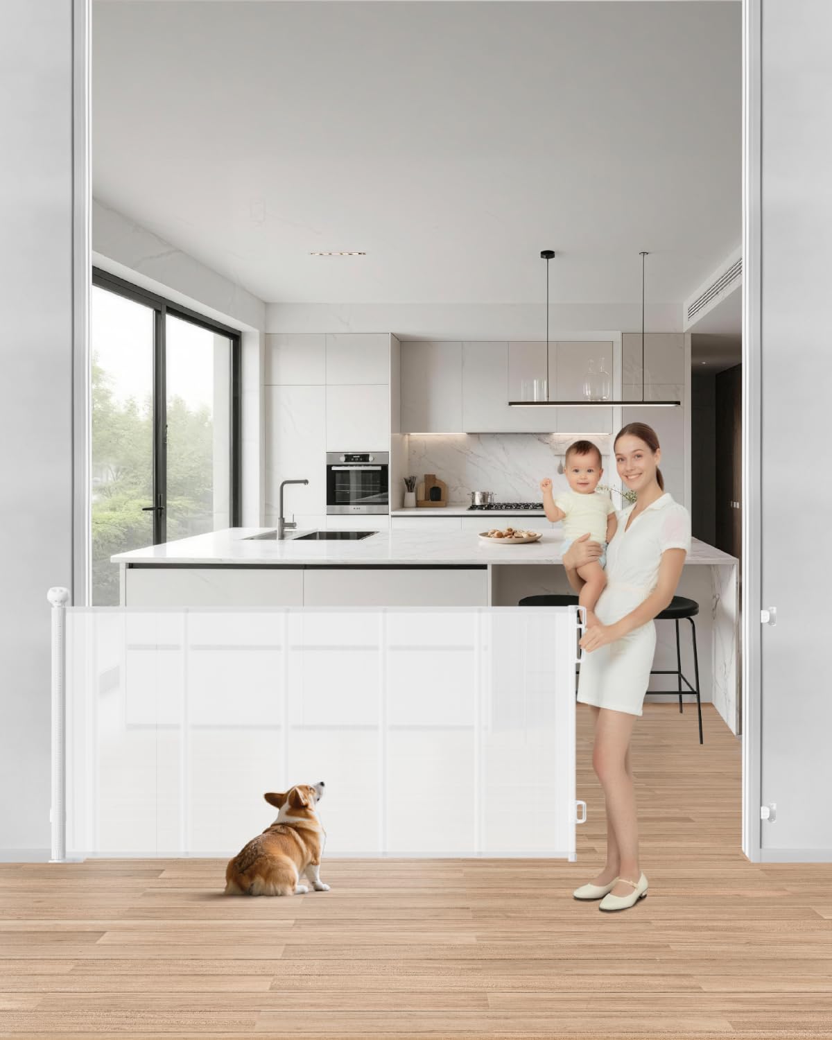 BBsecure Upgraded Retractable Gate installed across a doorway showing 71-inch width and white finish for child-safe spaces