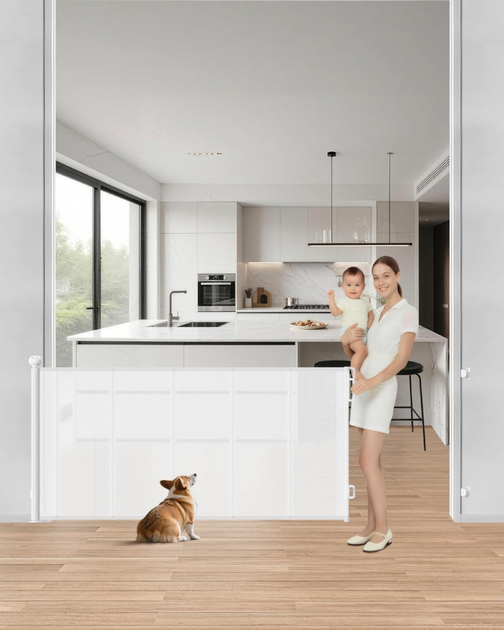 BBsecure Upgraded Retractable Gate installed across a doorway showing 71-inch width and white finish for child-safe spaces