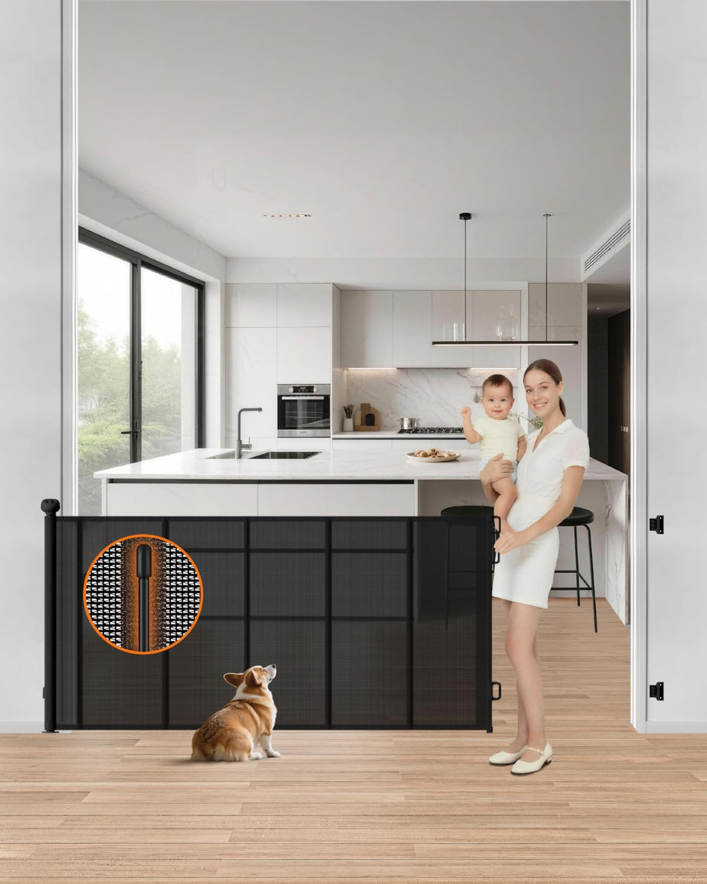 BBSecure upgraded retractable gate shows 71-wide opening for wide stairway safety.