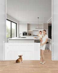 BBsecure Upgraded Retractable Gate installed across a doorway showing 71-inch width and white finish for child-safe spaces