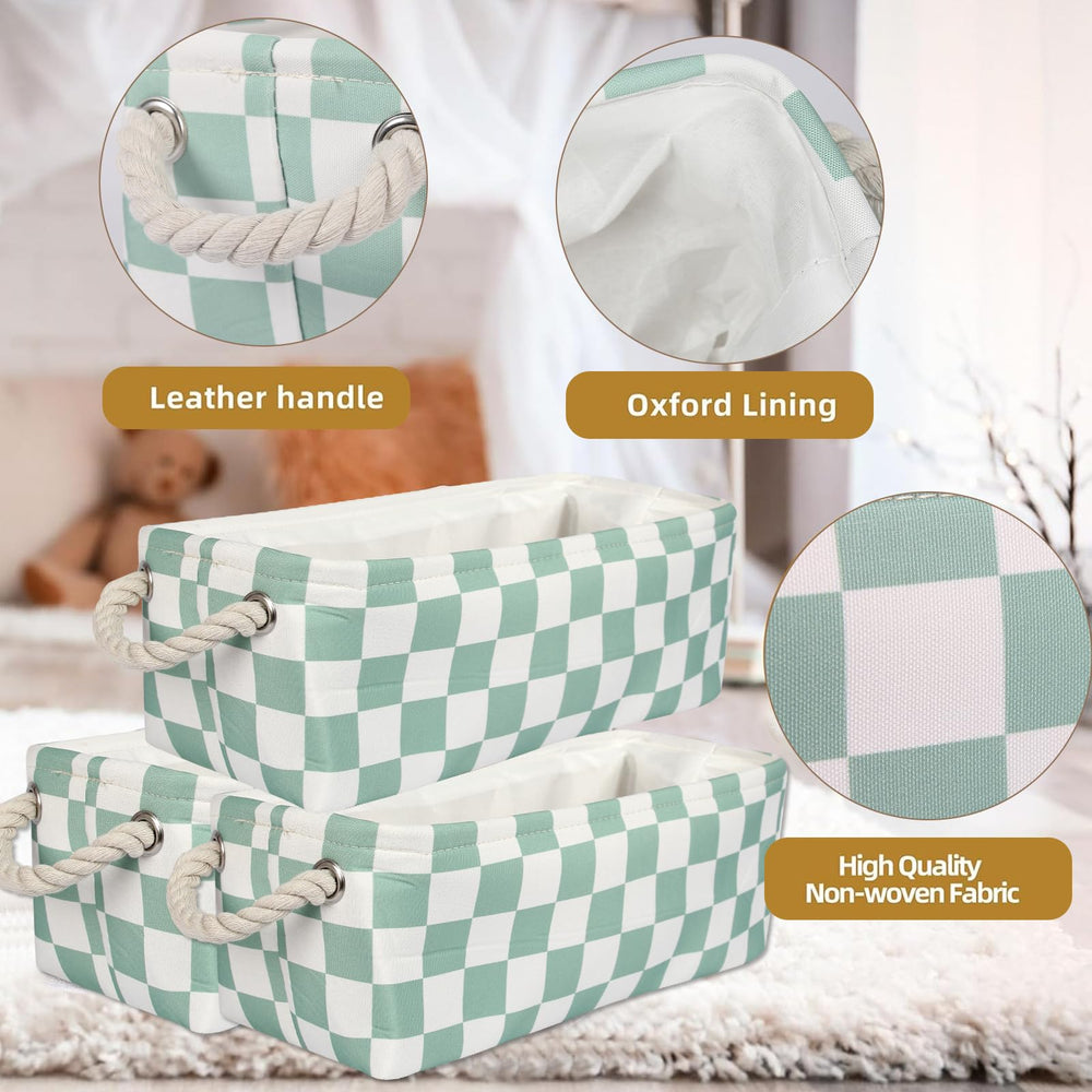 BBSET 3PC small checked storage baskets green full view show sturdy frames for daily bathroom storage.
