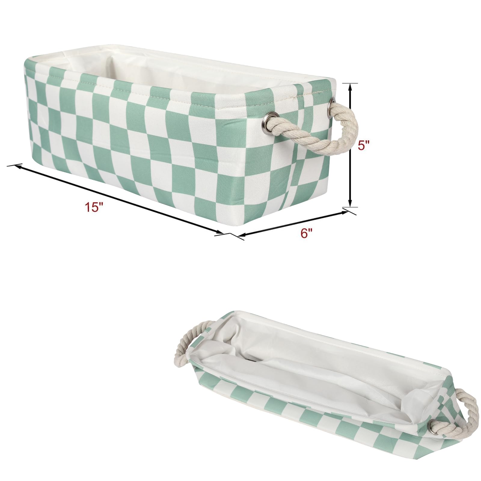 BBSET green open-top baskets demonstrate easy access for cosmetics or toiletries.