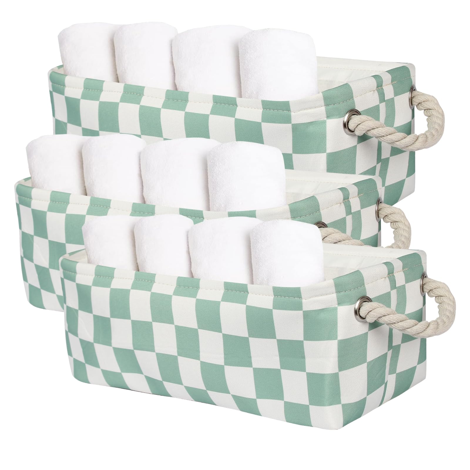 BBSET 3PC small checked storage baskets green side view for space-saving closet organization.