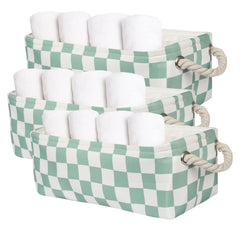 BBSET 3PC small checked storage baskets green side view for space-saving closet organization.