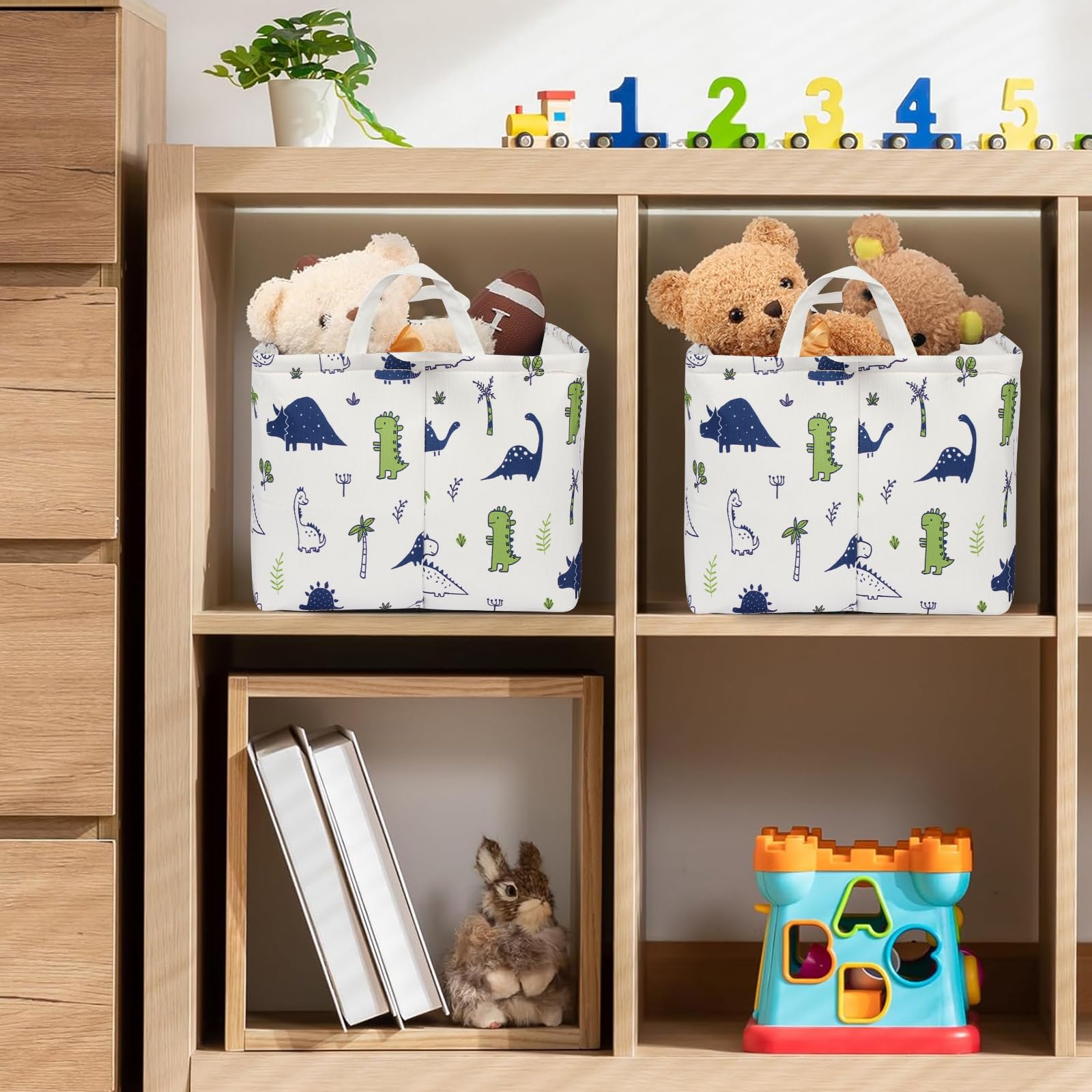 BBSET dino-bin-filled-toy-books ready for quick cleanups and easy access.