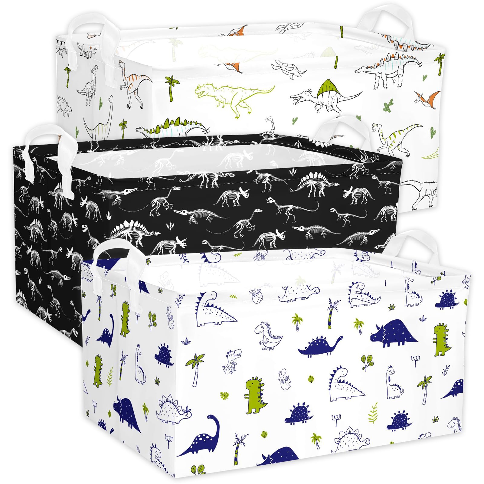 BBSET dino storage basket 3-pack on shelf keeps toys organized and accessible.