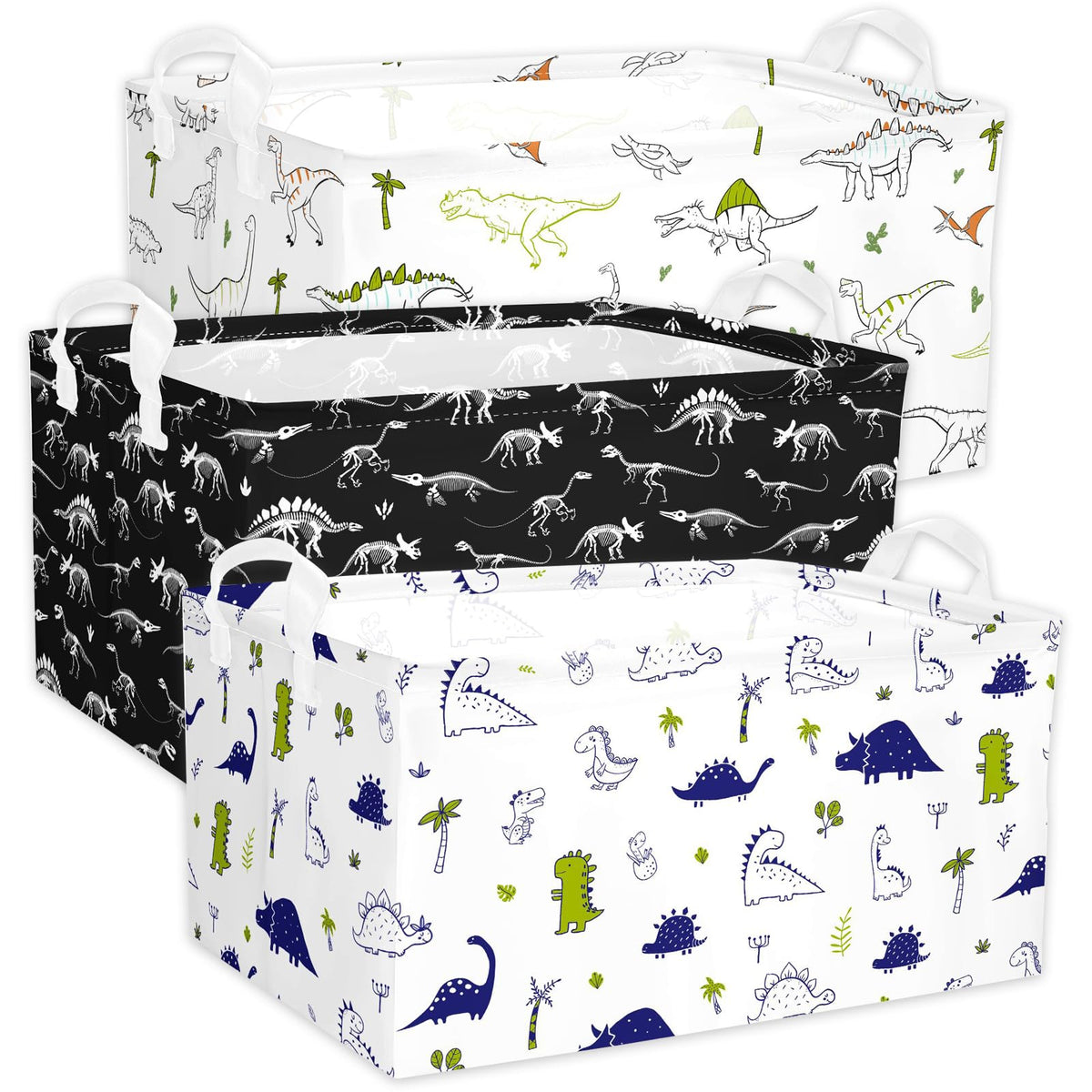 BBSET dino storage basket 3-pack on shelf keeps toys organized and accessible.