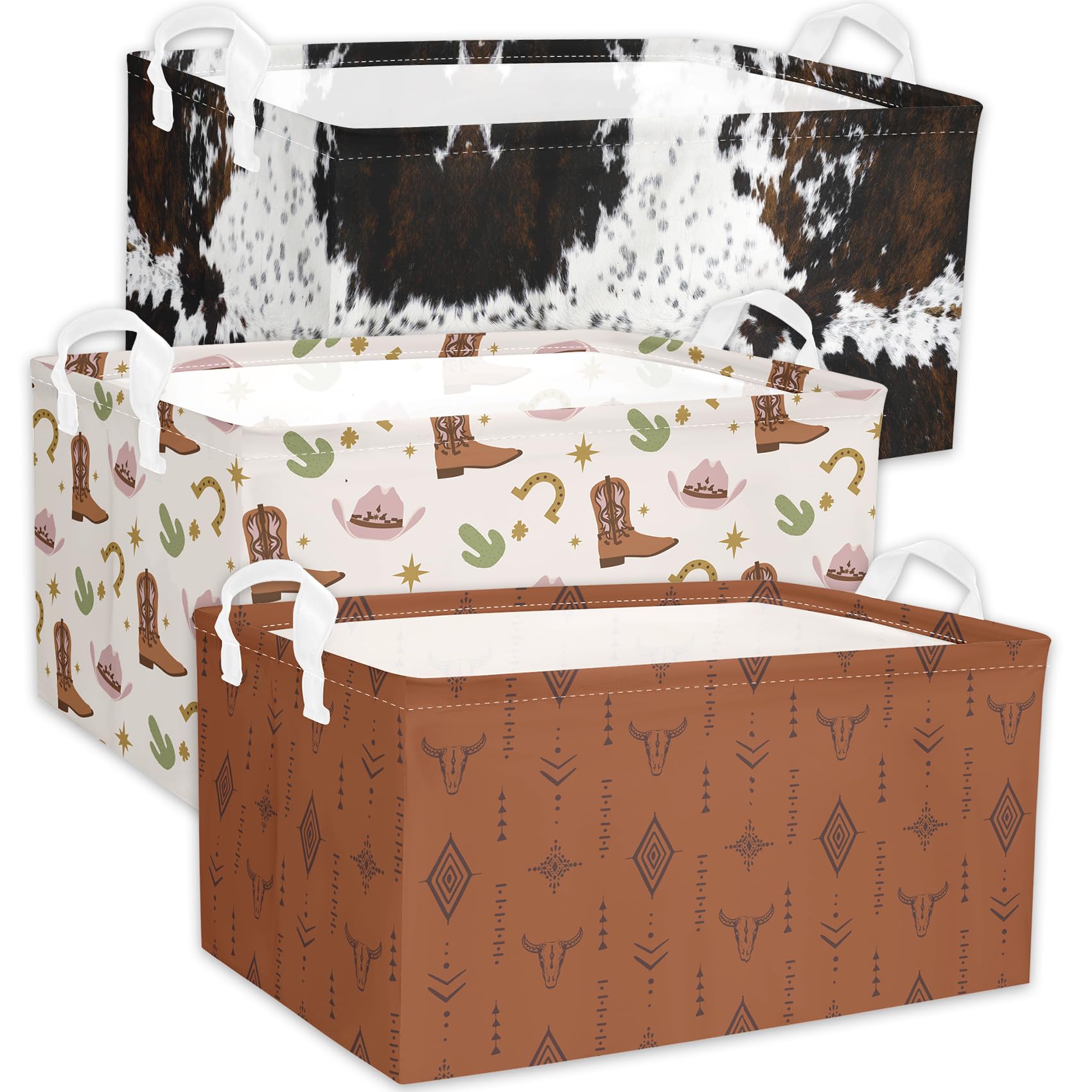 BBSET Western Bull Basket cowprint variant A showcases rugged storage for toys and books