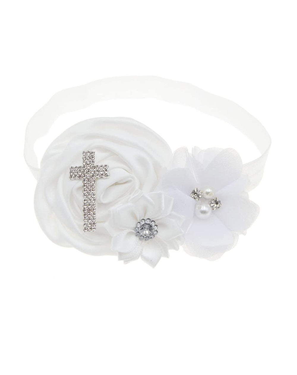 BBTDIN baby baptism headband in lace with bead accents for christening photos.