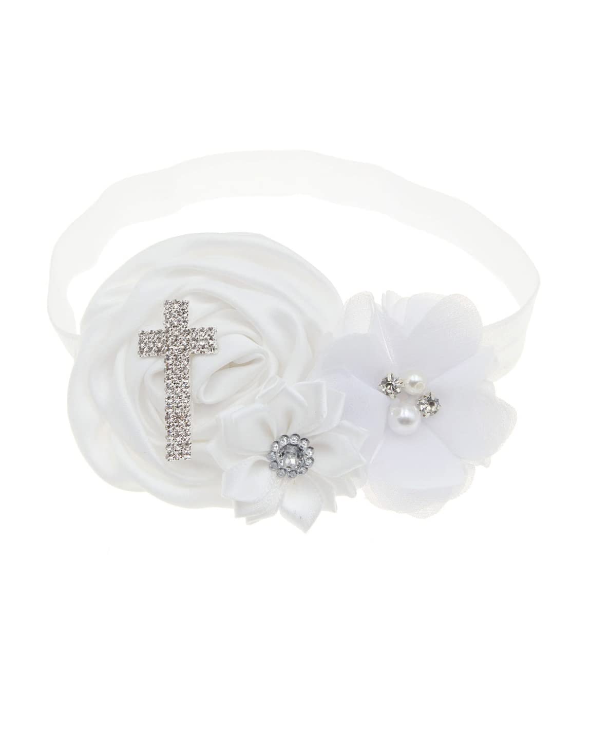BBTDIN baby baptism headband in lace with bead accents for christening photos.