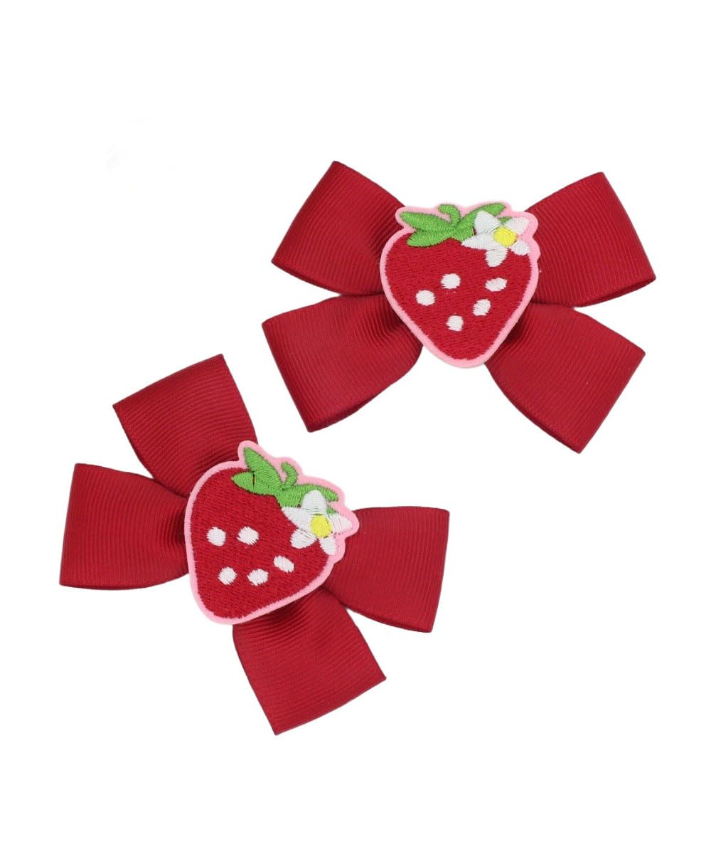 BBTDIN Strawberry Snap Clips on a baby girl's red strawberry bow for summer outfits.