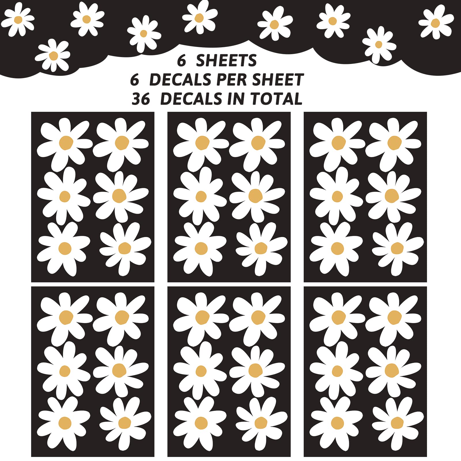 BBTO Daisy wall decal flowers closeup highlighting delicate white petals and clean peel-and-stick design.