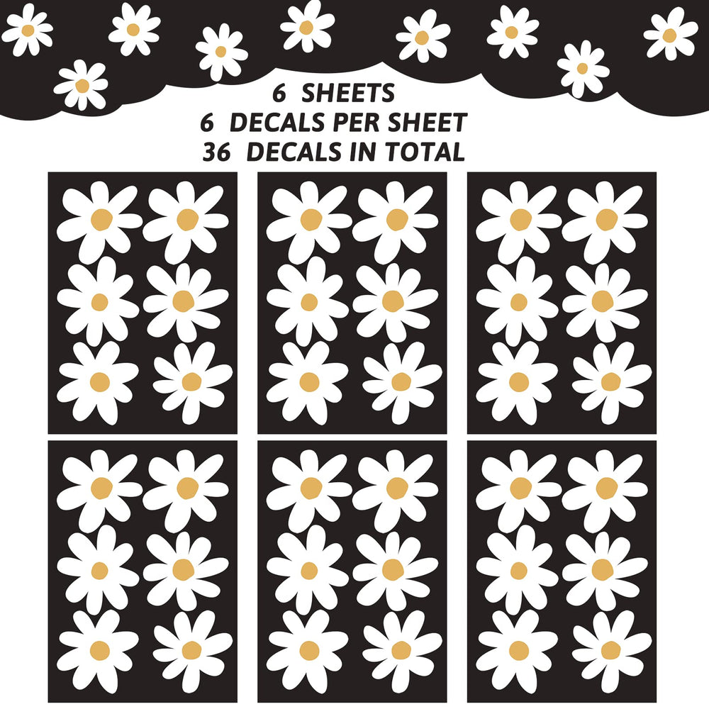 BBTO Daisy wall decal flowers closeup highlighting delicate white petals and clean peel-and-stick design.
