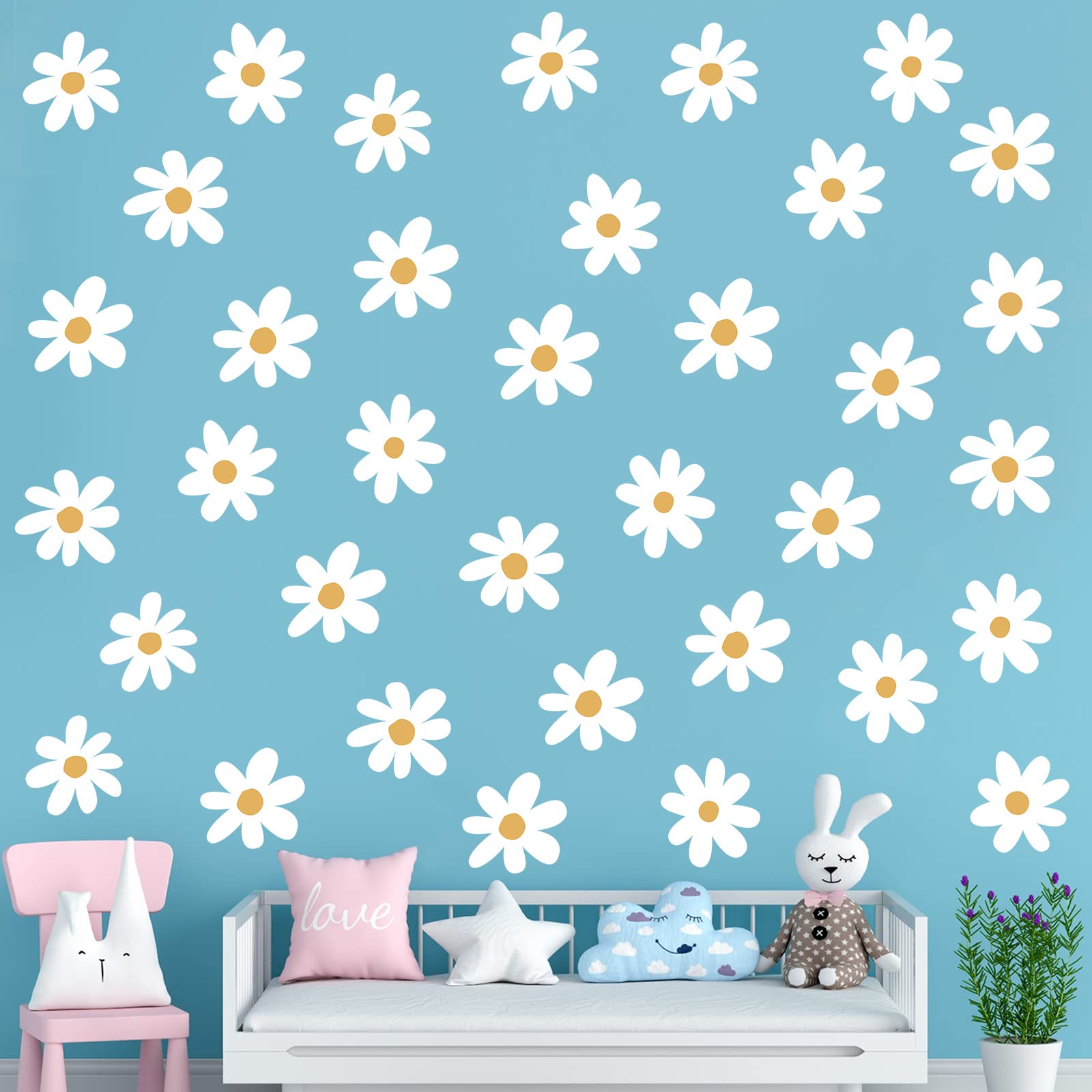 BBTO Daisy wall decal on wall nursery demonstrates simple application for playful bedroom aesthetics.