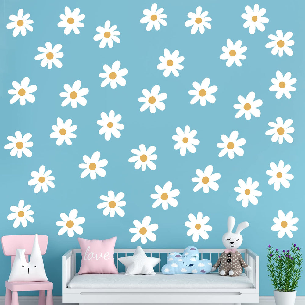 BBTO Daisy wall decal on wall nursery demonstrates simple application for playful bedroom aesthetics.