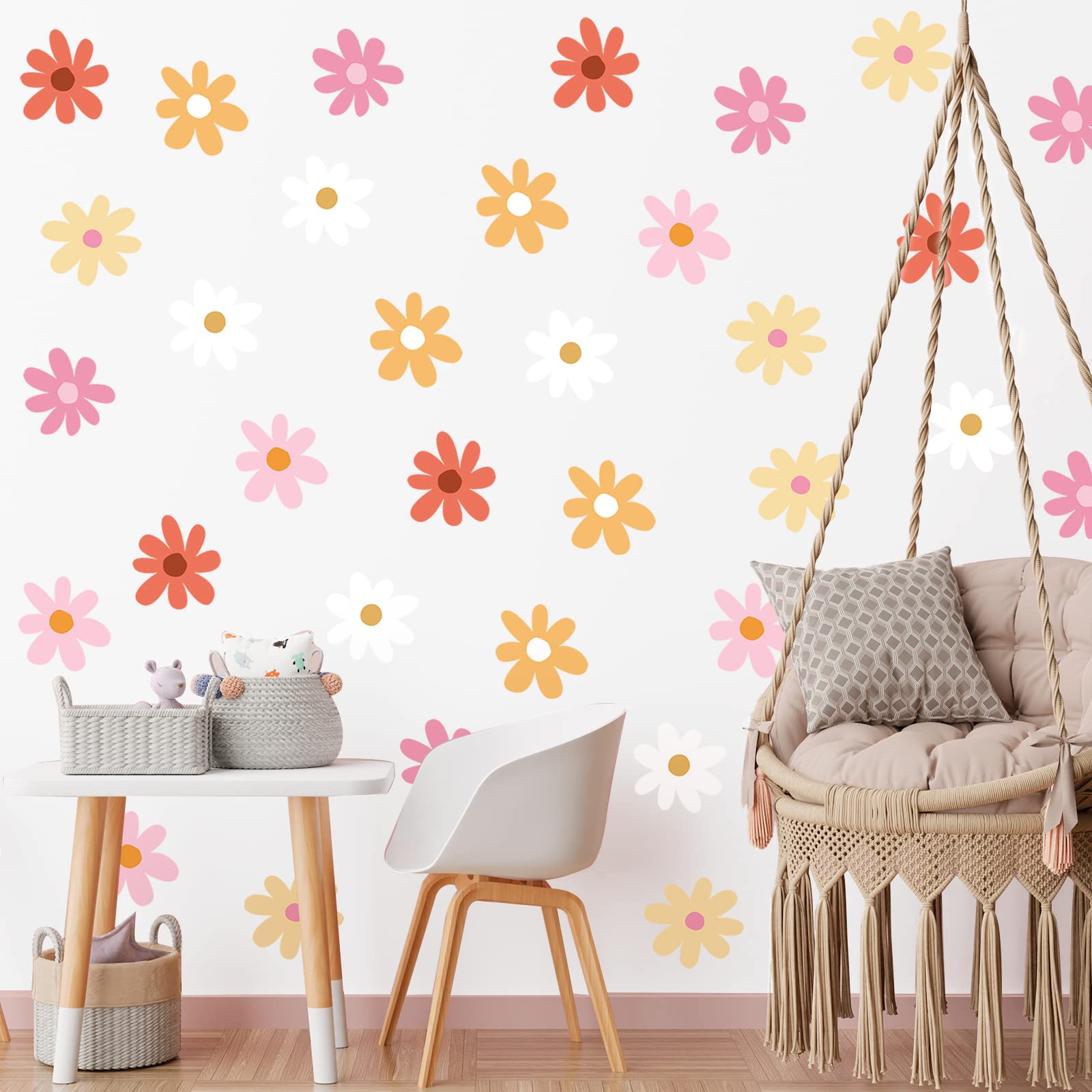 BBTO daisy wall decal orange flowers creates a cheerful living room focal point