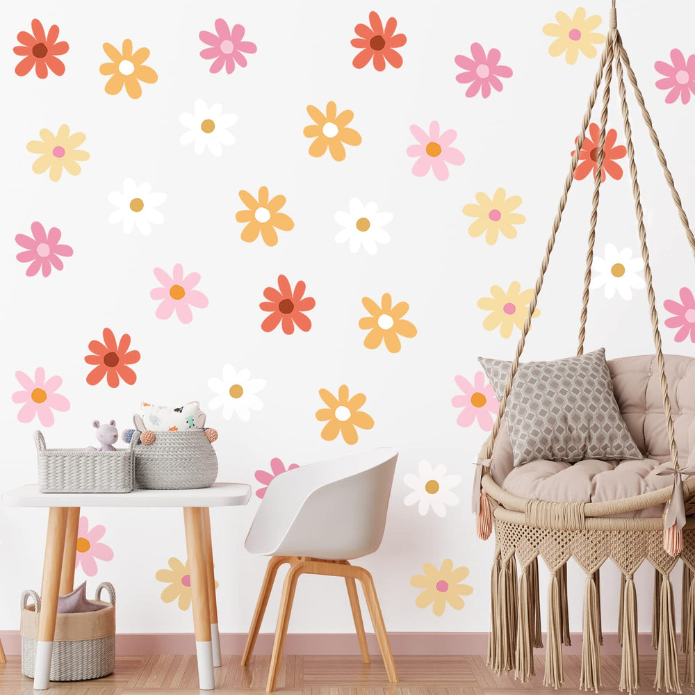 BBTO daisy wall decal orange flowers creates a cheerful living room focal point