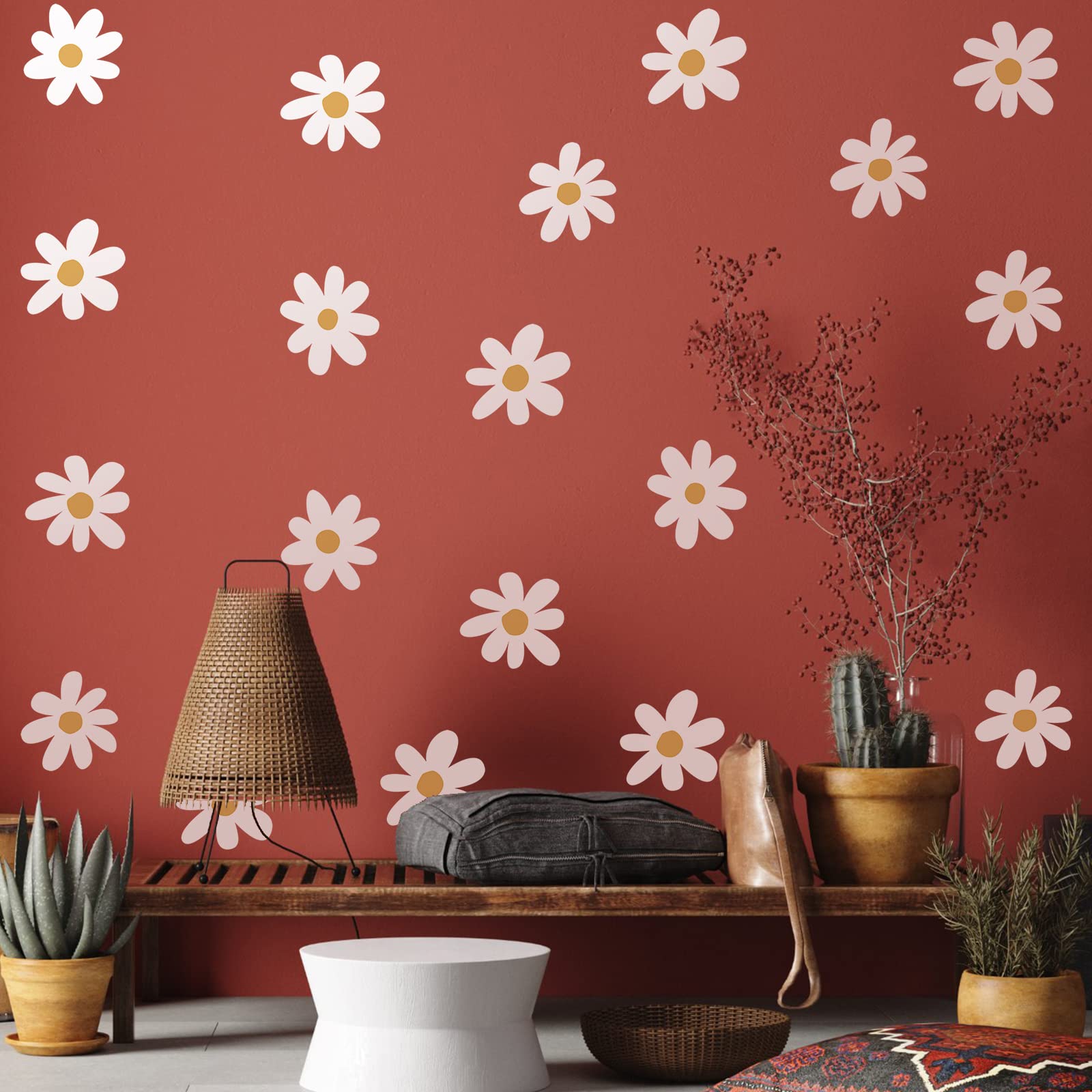 BBTO Daisy wall decal room decor idea shows versatile placement on walls, tiles, or furniture.